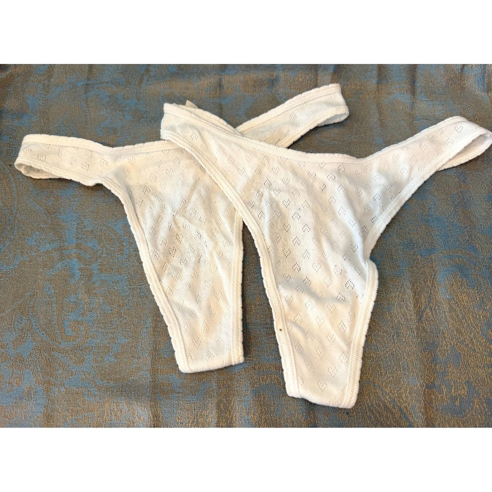 Victoria's Secret PINK White Cotton Pointelle Thong Panties Set of 2 Medium NWT